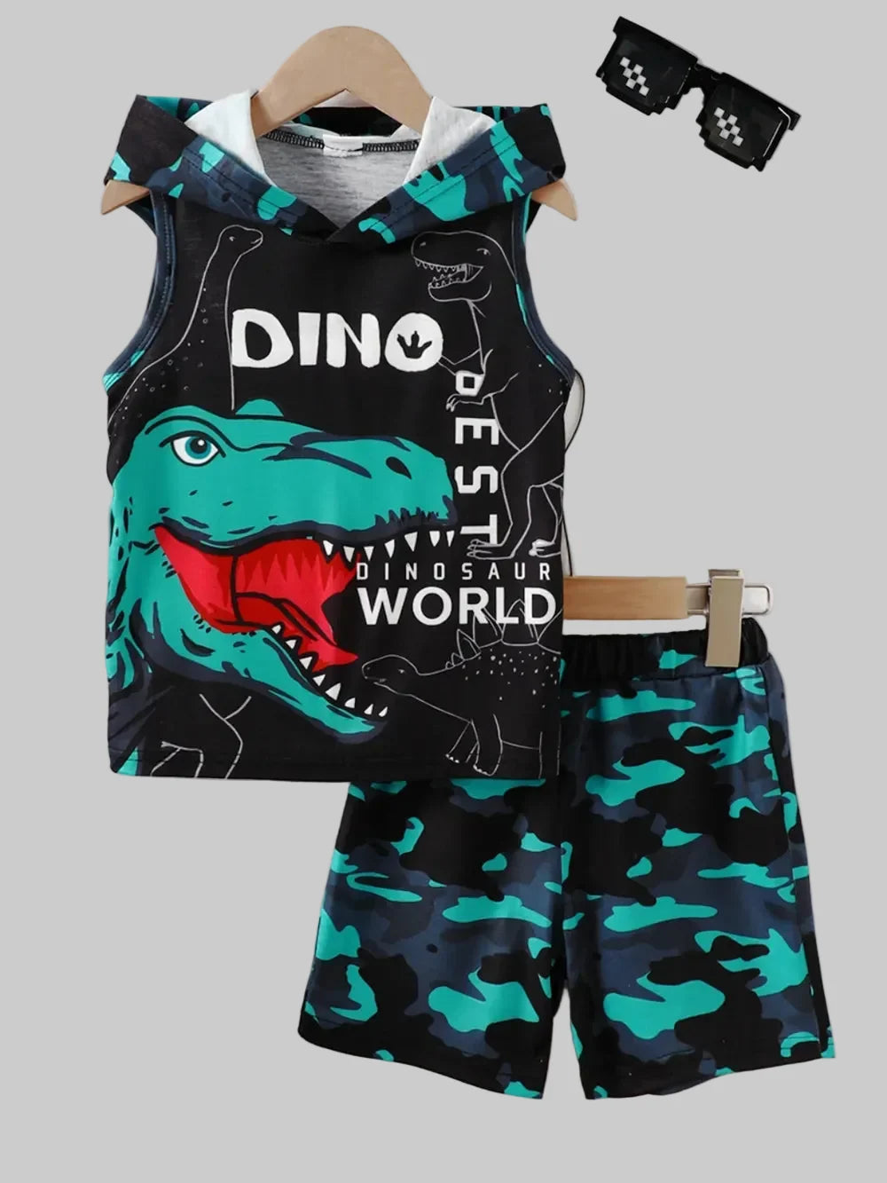 Toddler Boys Dinosaur Sleeveless Hooded Top and Pants Set
