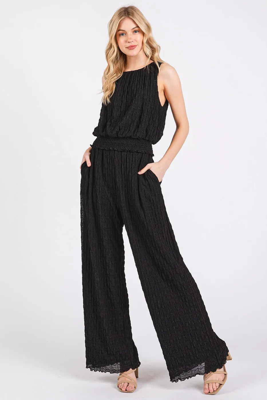 Textured Stretchy Crop Tank and Pants Set