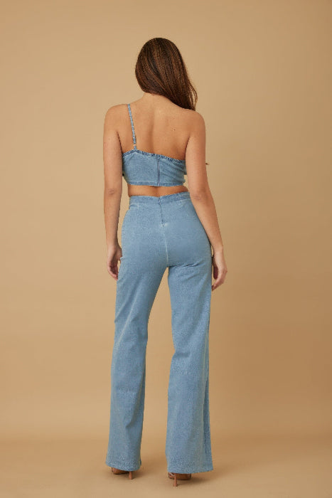 3D Sculptural Floral Wrap One-Shoulder Denim Pant Set