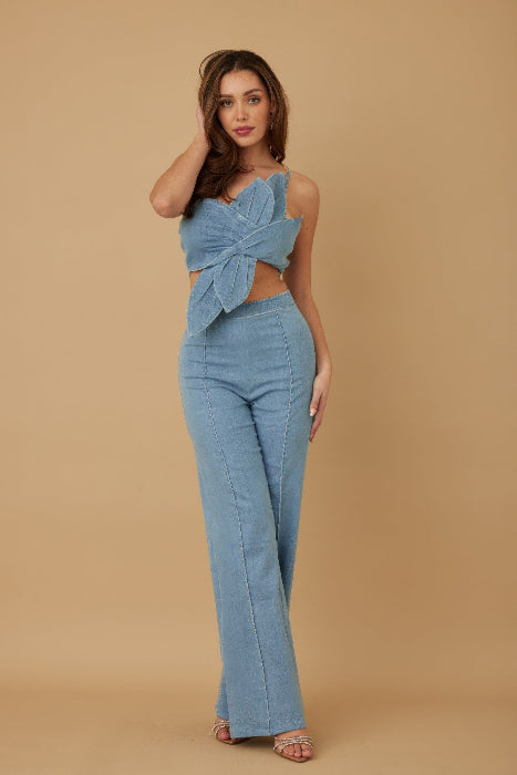 3D Sculptural Floral Wrap One-Shoulder Denim Pant Set