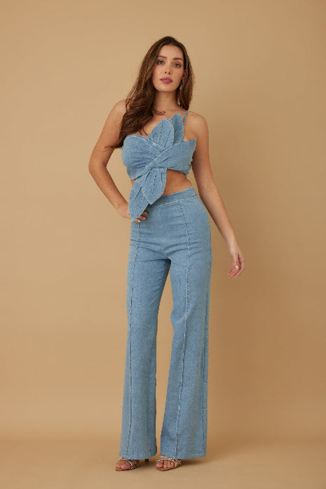 3D Sculptural Floral Wrap One-Shoulder Denim Pant Set