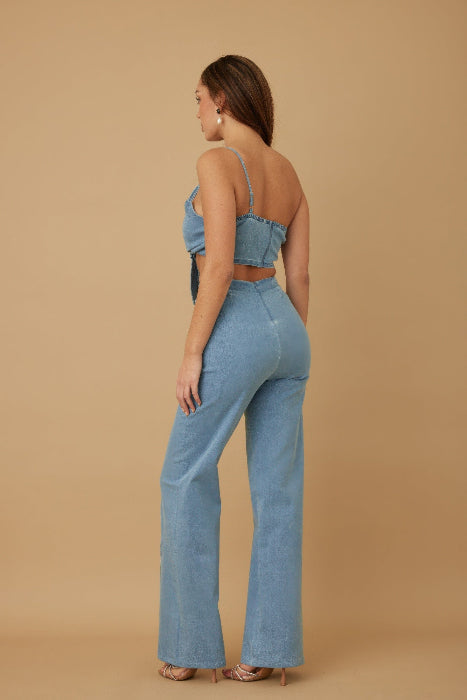 3D Sculptural Floral Wrap One-Shoulder Denim Pant Set
