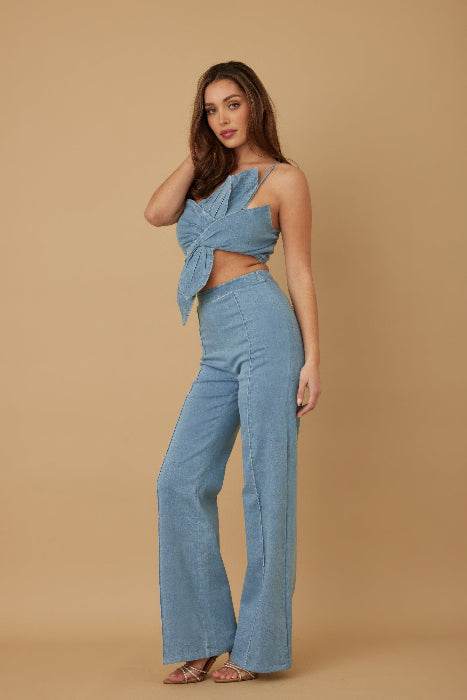 3D Sculptural Floral Wrap One-Shoulder Denim Pant Set