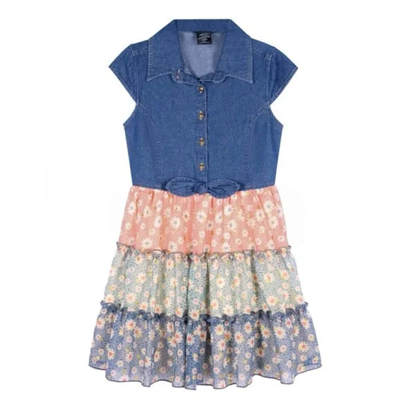 Zunie Denim and Floral Tiered Dress Youth Denim f Size Medium 10/12