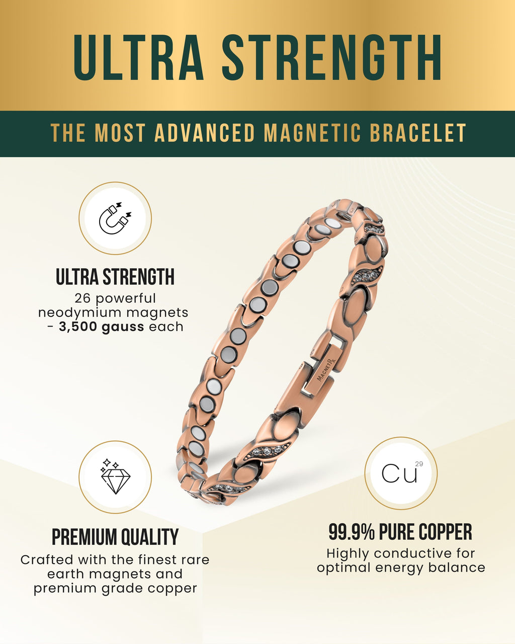 Women’s Ultra Strength Pure Copper Magnetic Bracelet (Crystal XO)
