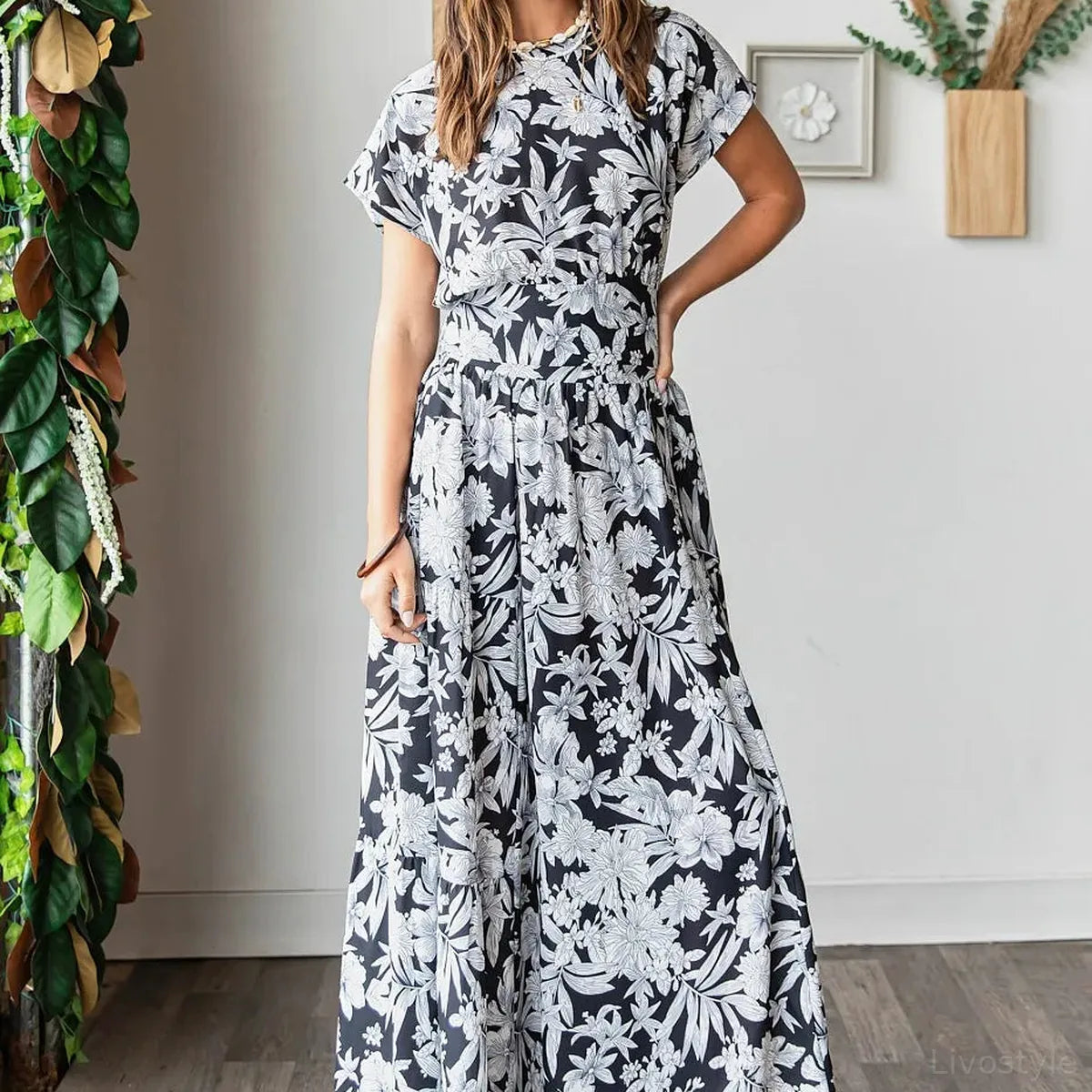 Black Tropical Print Top and Skirt Set