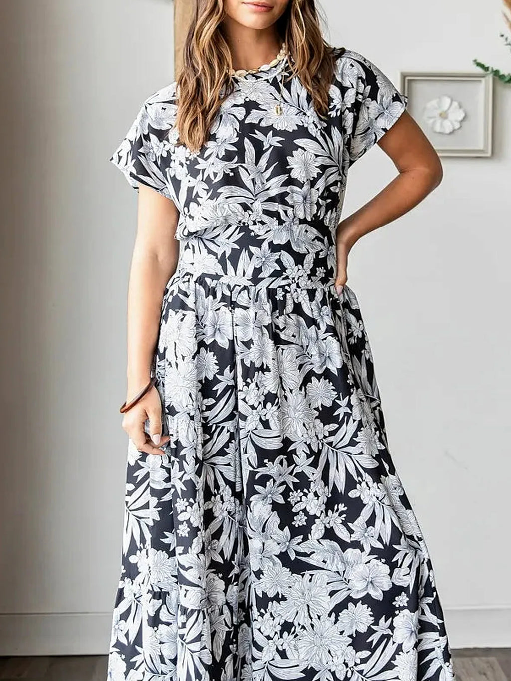 Black Tropical Print Top and Skirt Set