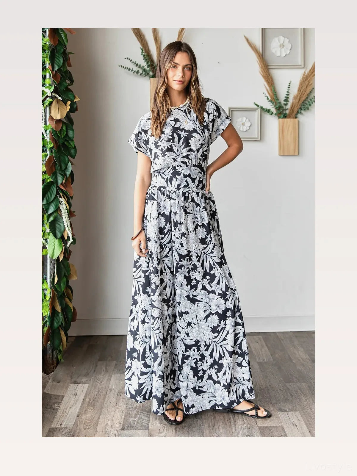 Black Tropical Print Top and Skirt Set