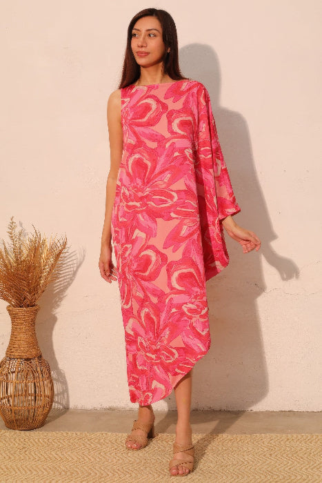 Asymmetrical One Sleeve Floral Midi Flowy Dress