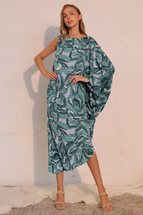 Asymmetrical One Sleeve Floral Midi Flowy Dress