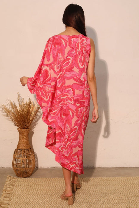 Asymmetrical One Sleeve Floral Midi Flowy Dress