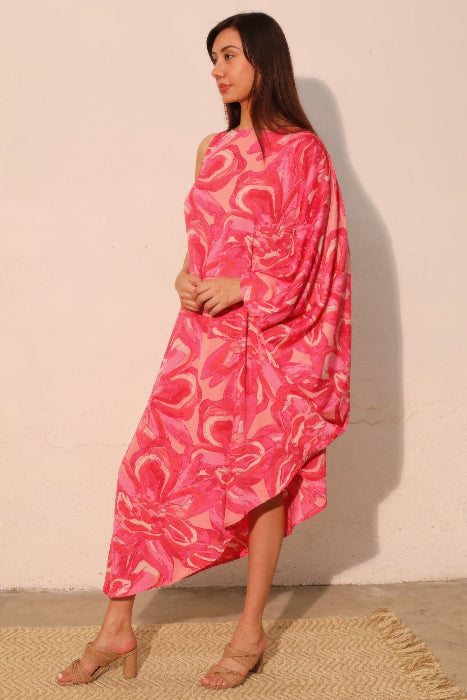 Asymmetrical One Sleeve Floral Midi Flowy Dress