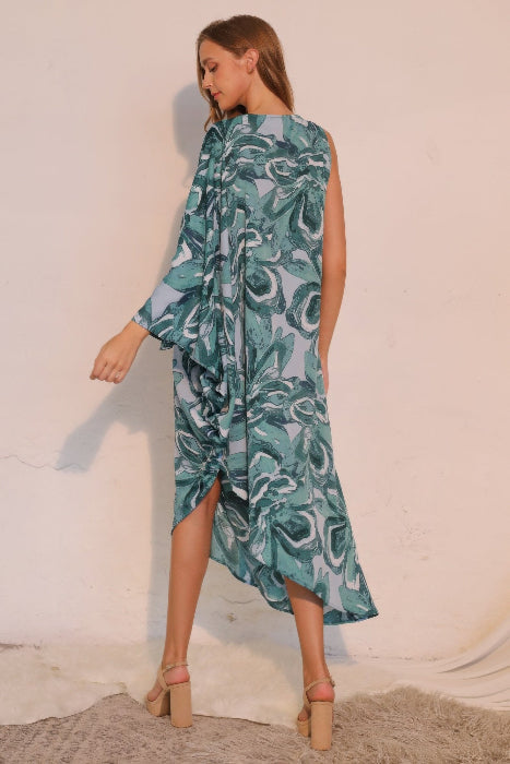 Asymmetrical One Sleeve Floral Midi Flowy Dress