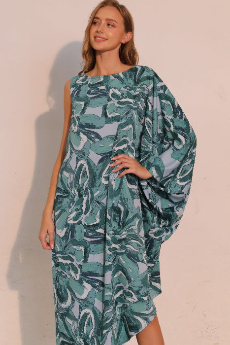Asymmetrical One Sleeve Floral Midi Flowy Dress