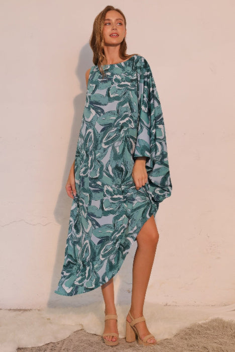 Asymmetrical One Sleeve Floral Midi Flowy Dress