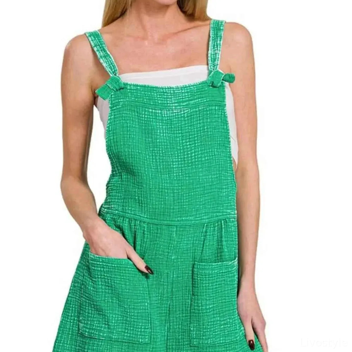 Woven Double Gauze Acid Washed Romper in K GREEN
