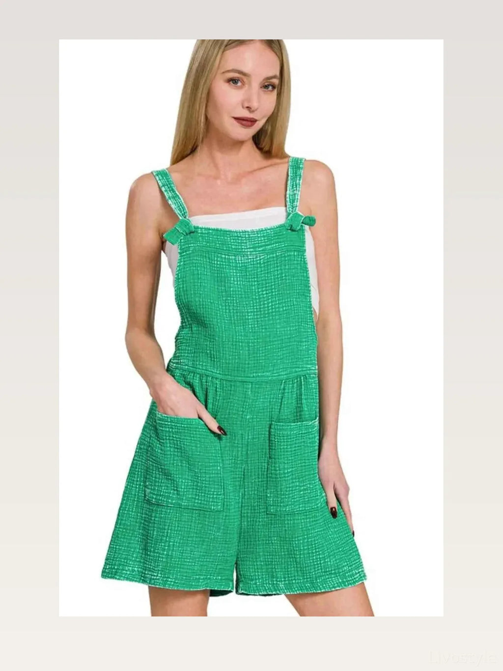 Woven Double Gauze Acid Washed Romper in K GREEN